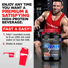 ALLMAX ALLWHEY Chocolate Peanut Butter mixing action in a shaker cup.