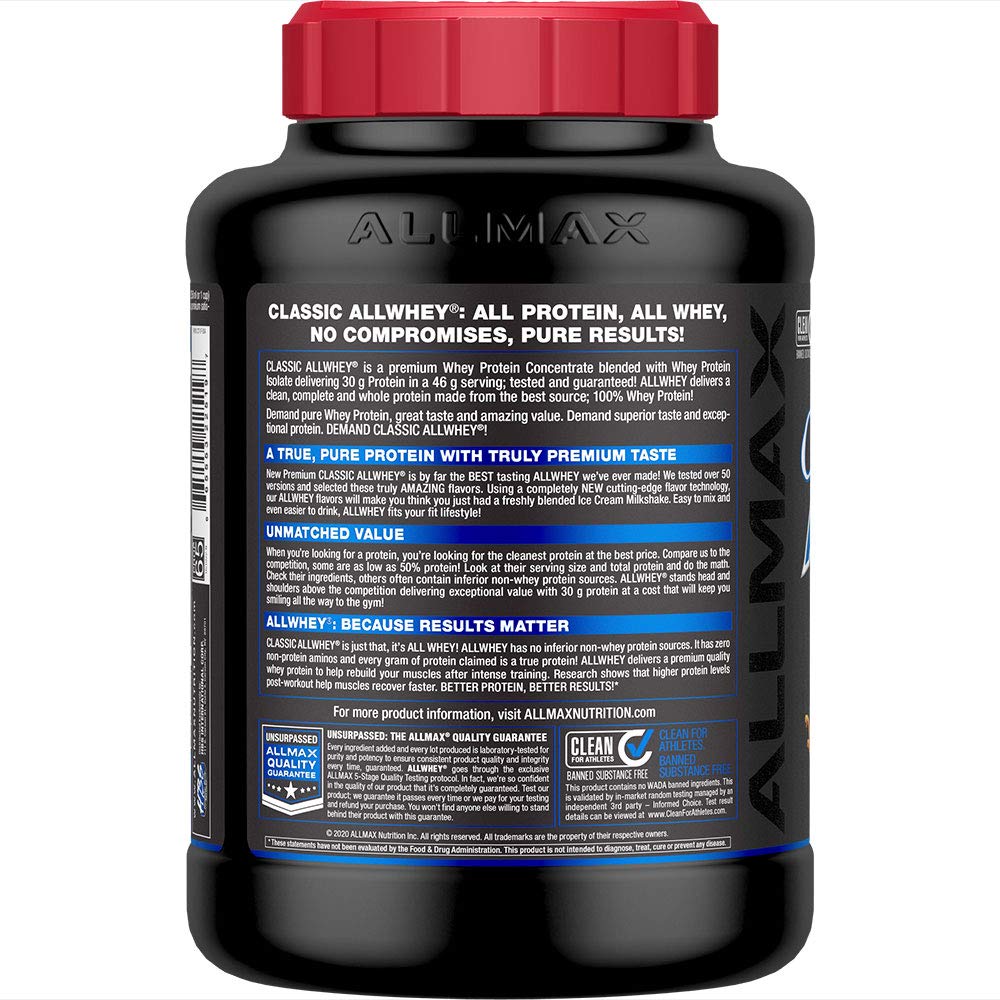 ALLMAX ALLWHEY Chocolate Peanut Butter scoop in jar for quick shakes.