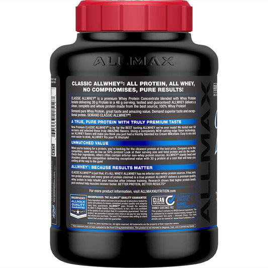 ALLMAX ALLWHEY Chocolate Peanut Butter scoop in jar for quick shakes.