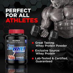 Allmax ALLWHEY chocolate scoop lock lid demonstrates easy access.