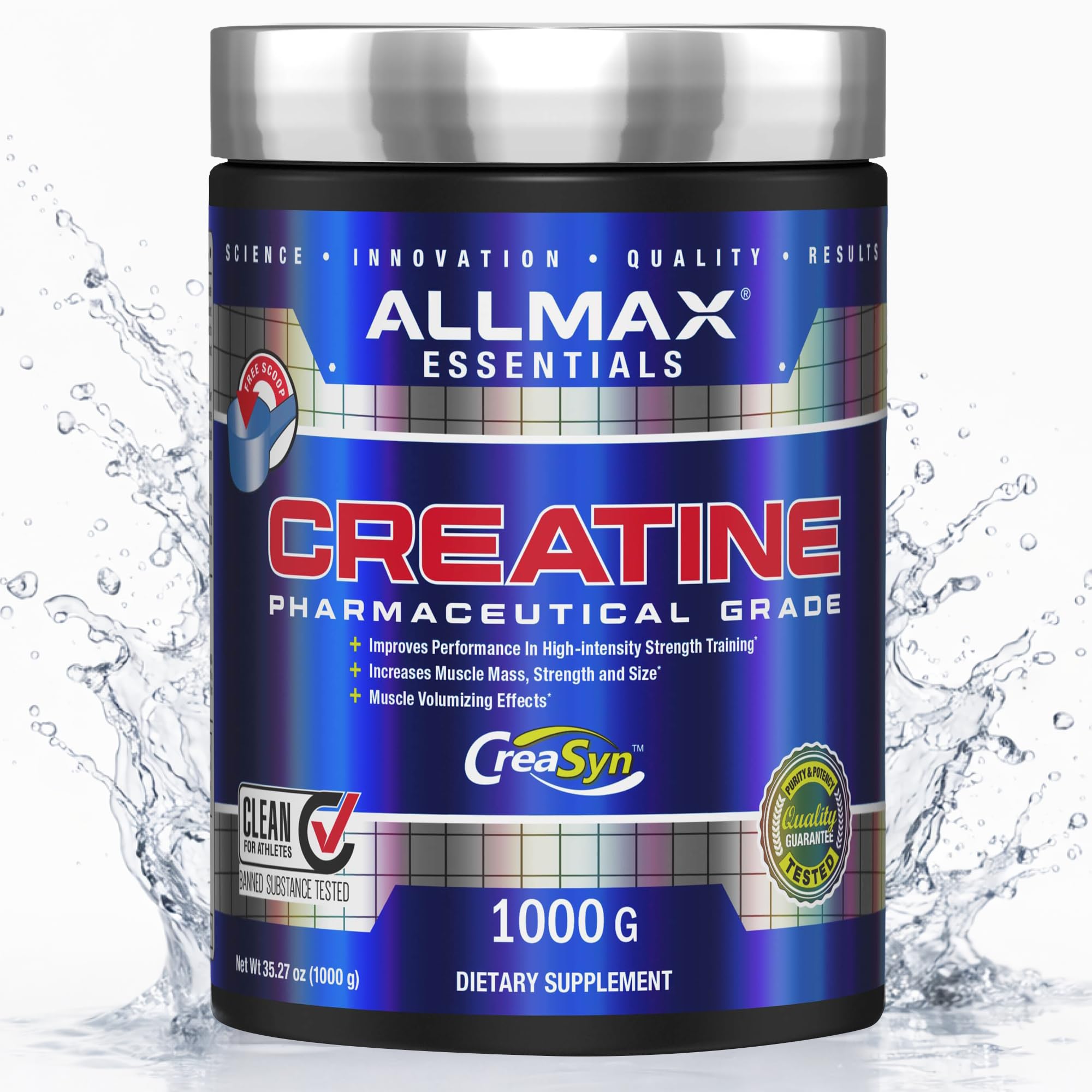 ALLMAX Creatine Monohydrate bottle on shelf for strength-focused workouts