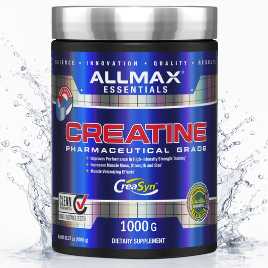 ALLMAX Creatine Monohydrate bottle on shelf for strength-focused workouts
