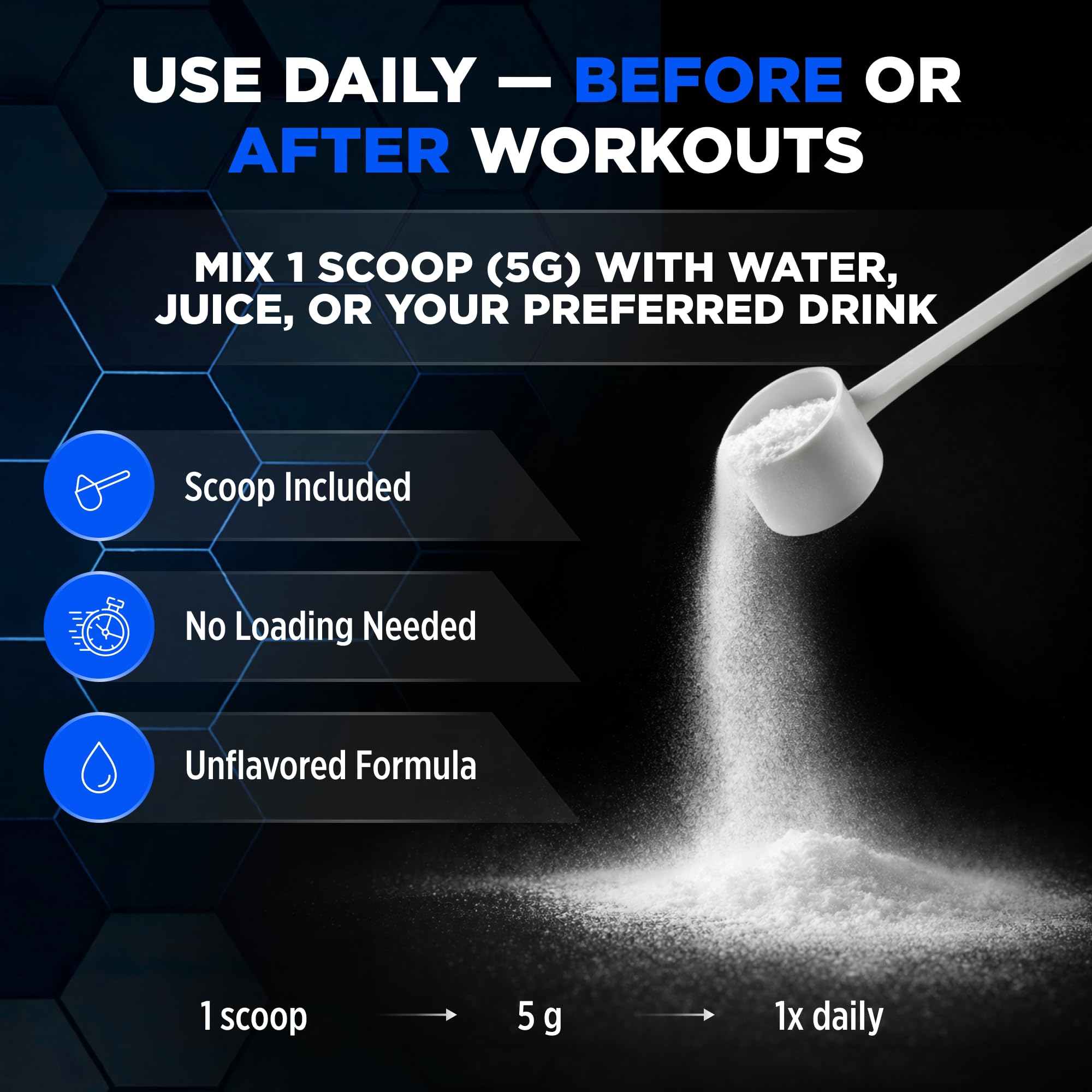 Measurement scoop with water demonstrates easy drink mix