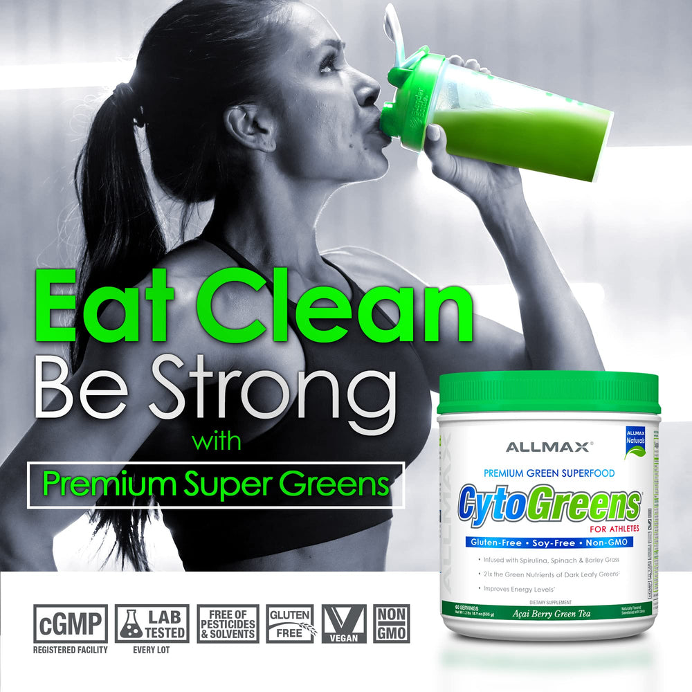 ALLMAX CytoGreens natural caffeine source supports clean energy when needed