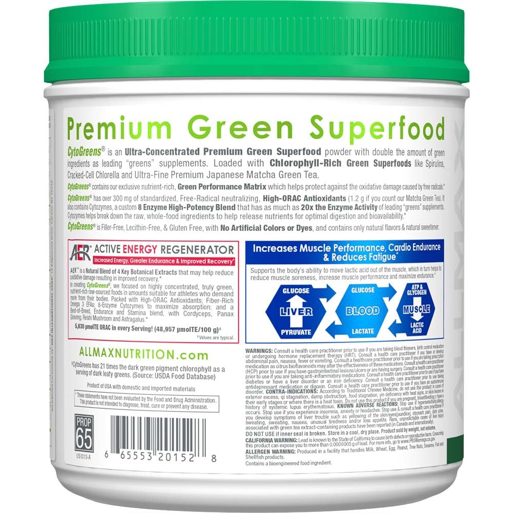 ALLMAX CytoGreens label closeup emphasizes prebiotic enzymes for gut support
