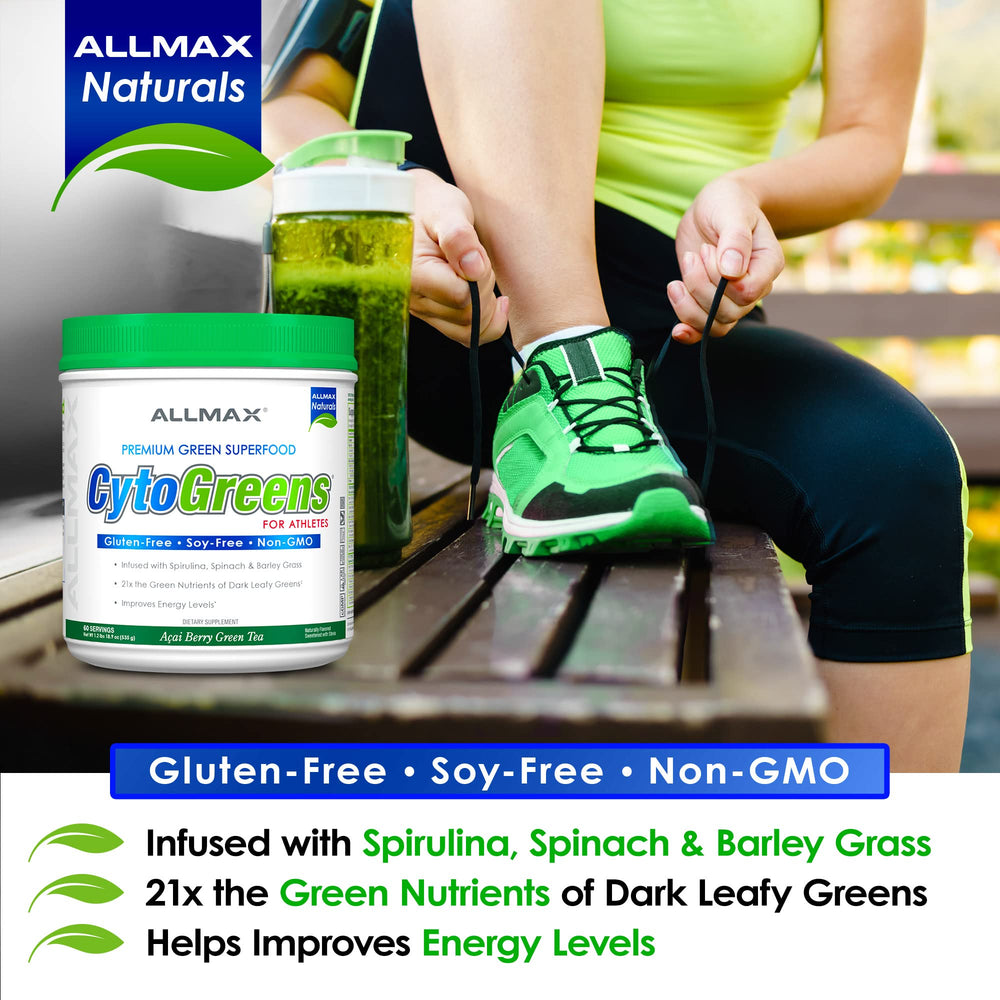 ALLMAX CytoGreens bottle highlights taurine and L-carnitine for active routines