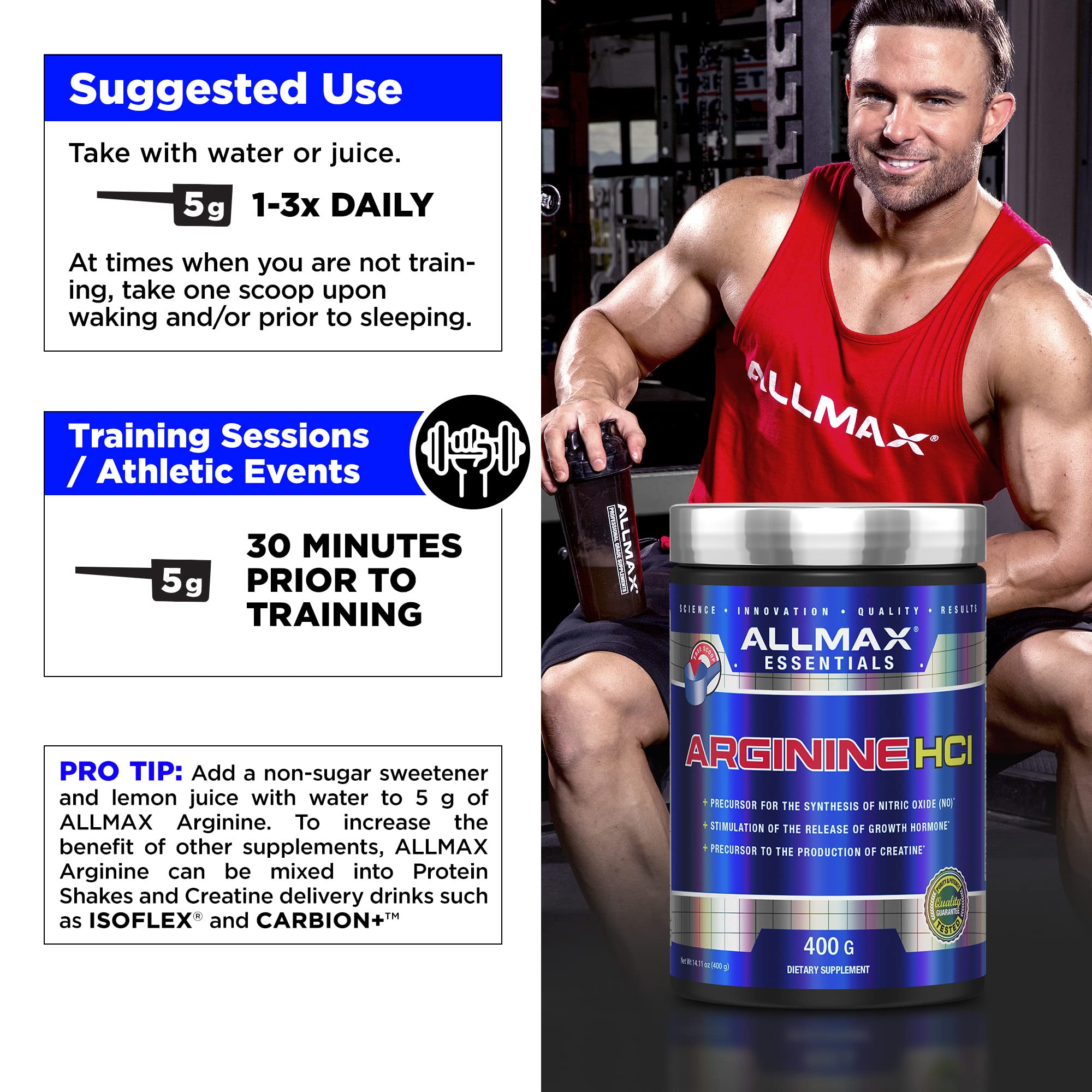 Allmax Essentials Arginine HCL in glass with water, refreshing amino energy idea.