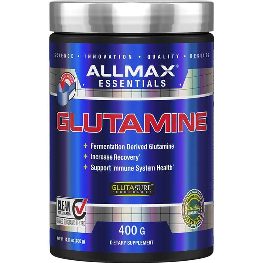 Allmax Essentials Arginine HCL jar front, nitric oxide precursor potential.