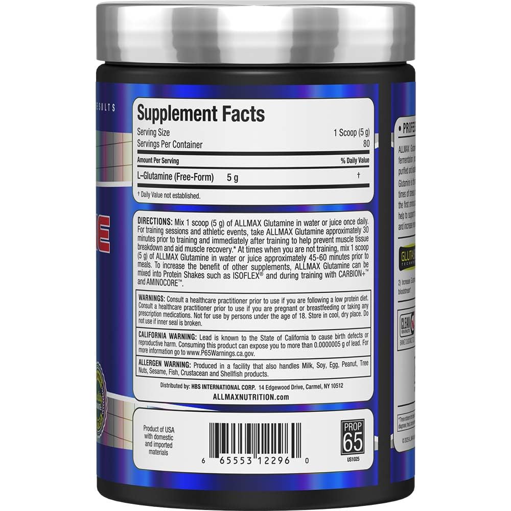 Allmax Essentials Arginine HCL label close-up, vegan and gluten-free formula.