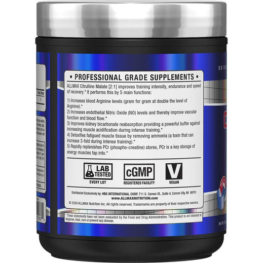 ALLMAX Essentials Citrulline Malate 2:1 scoop beside a bottle for convenient on-the-go energy.
