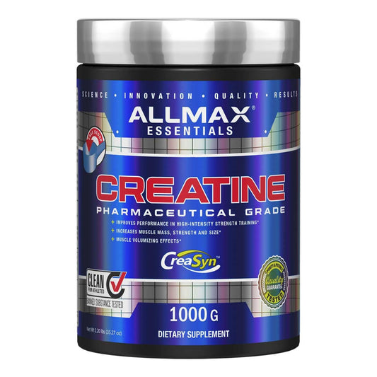 ALLMAX Essentials Creatine powder with scoop for easy mixing and fast absorption.
