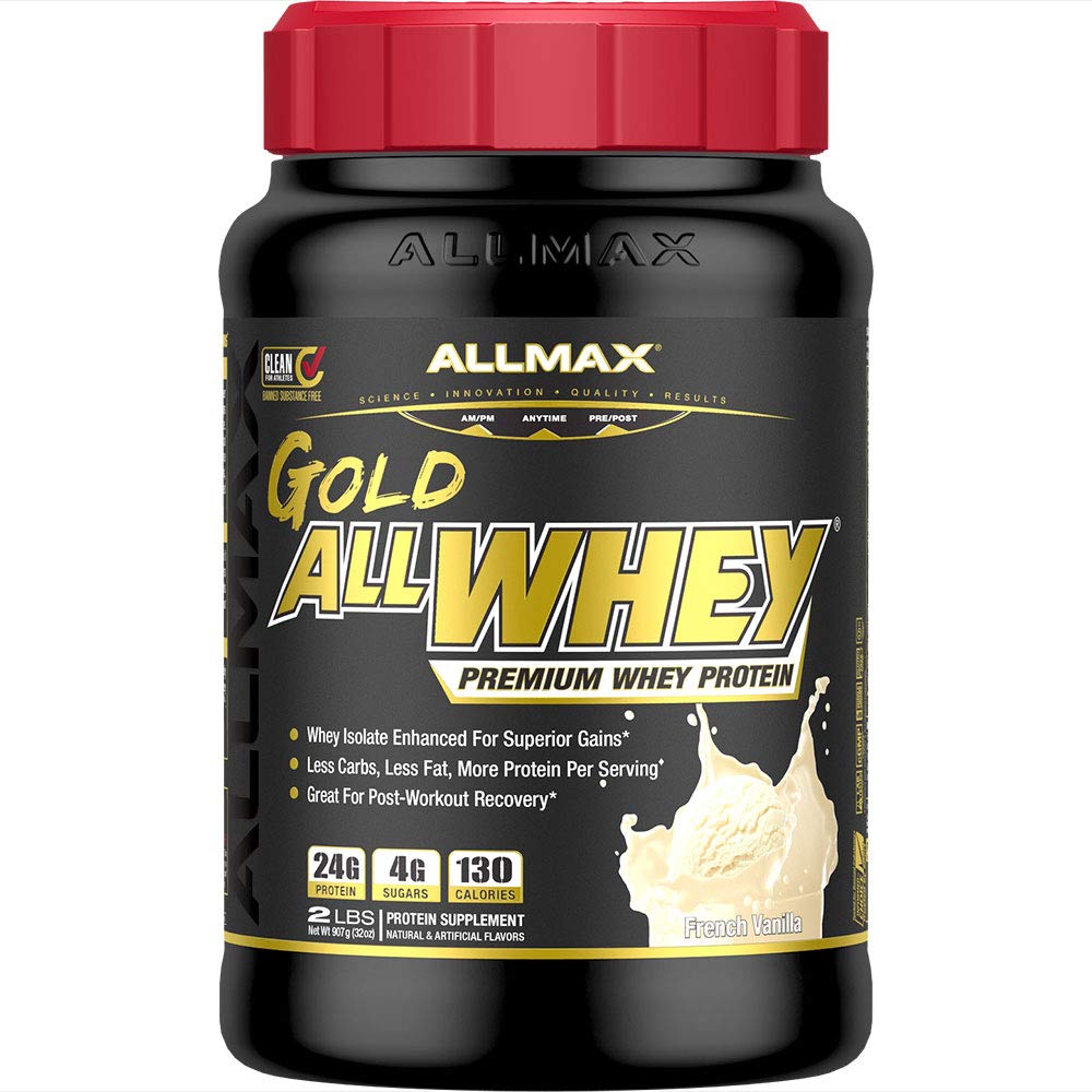 ALLMAX Gold AllWhey canister front view for a protein-rich workout boost.