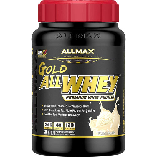 ALLMAX Gold AllWhey canister front view for a protein-rich workout boost.