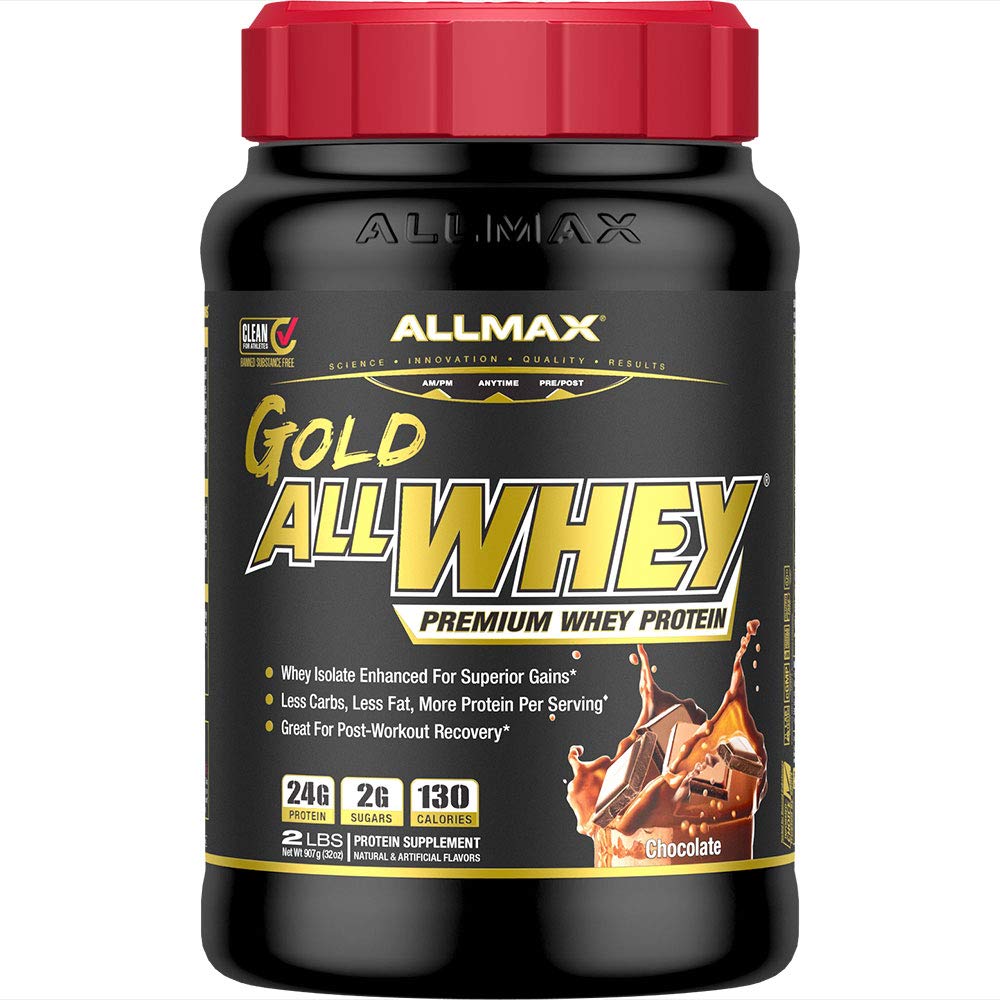 ALLMAX Gold ALLWHEY chocolate 2lb tub front, high-protein post-workout support.