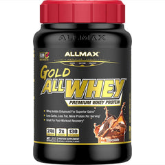 ALLMAX Gold ALLWHEY chocolate 2lb tub front, high-protein post-workout support.