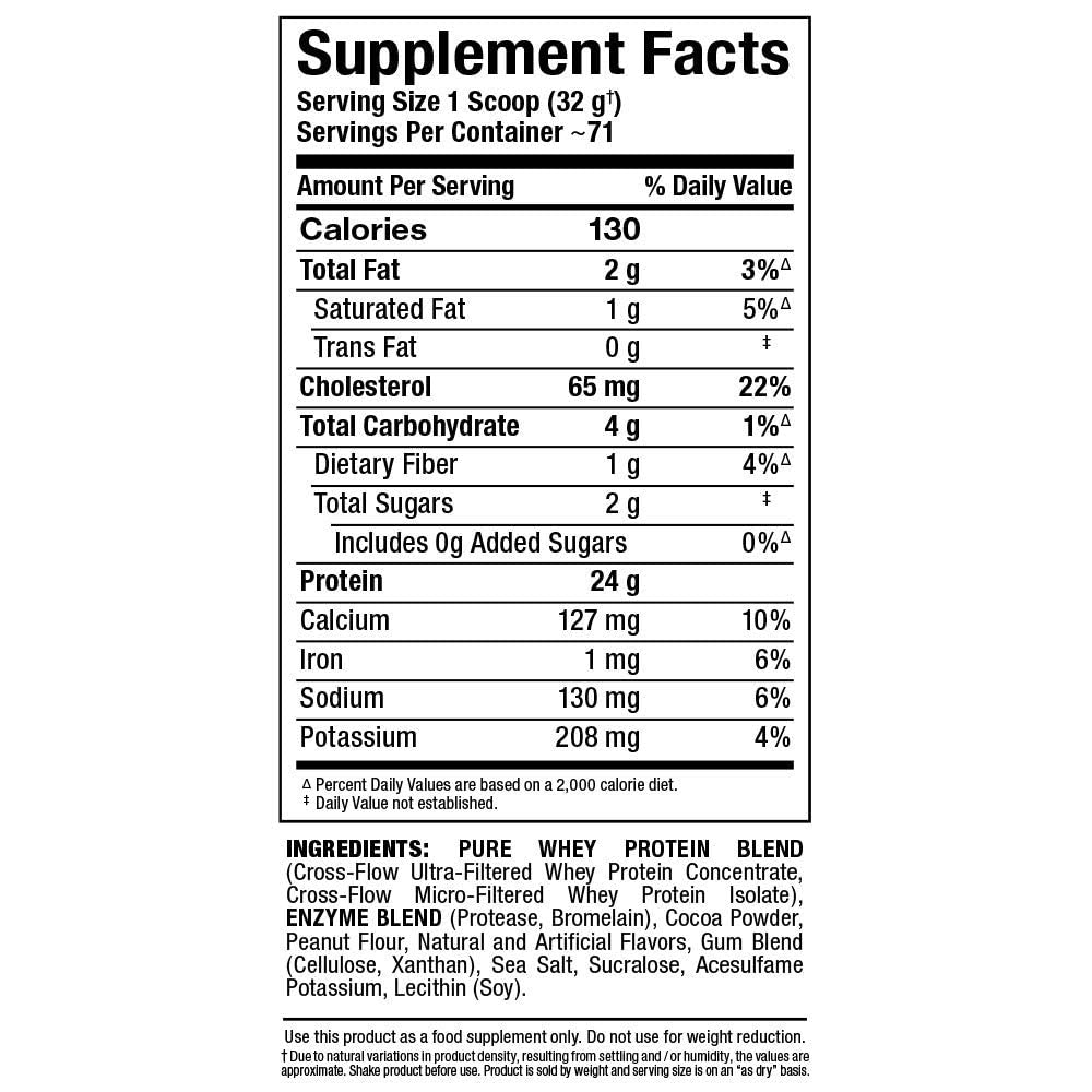 Ingredients panel highlights gluten-free, ultra-filtered whey content