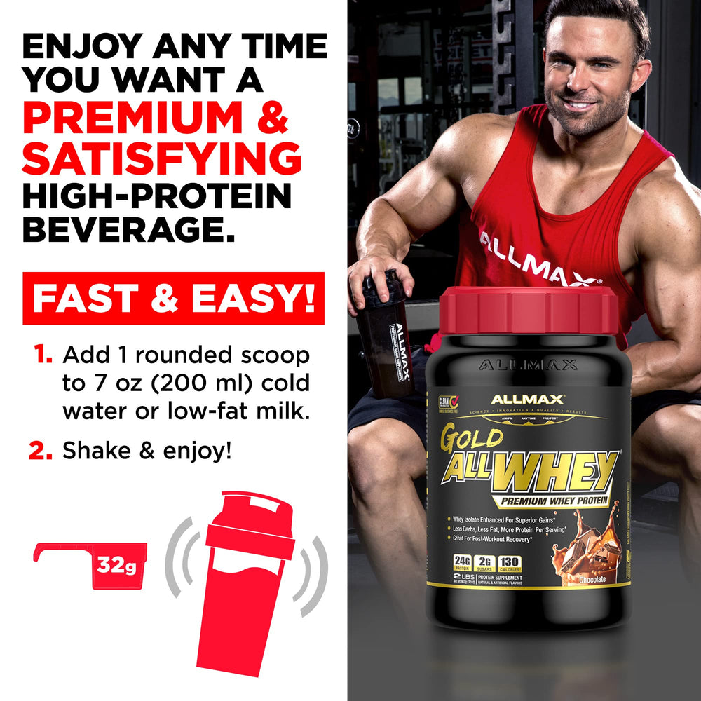 Glass shows a creamy ALLMAX Gold ALLWHEY shake