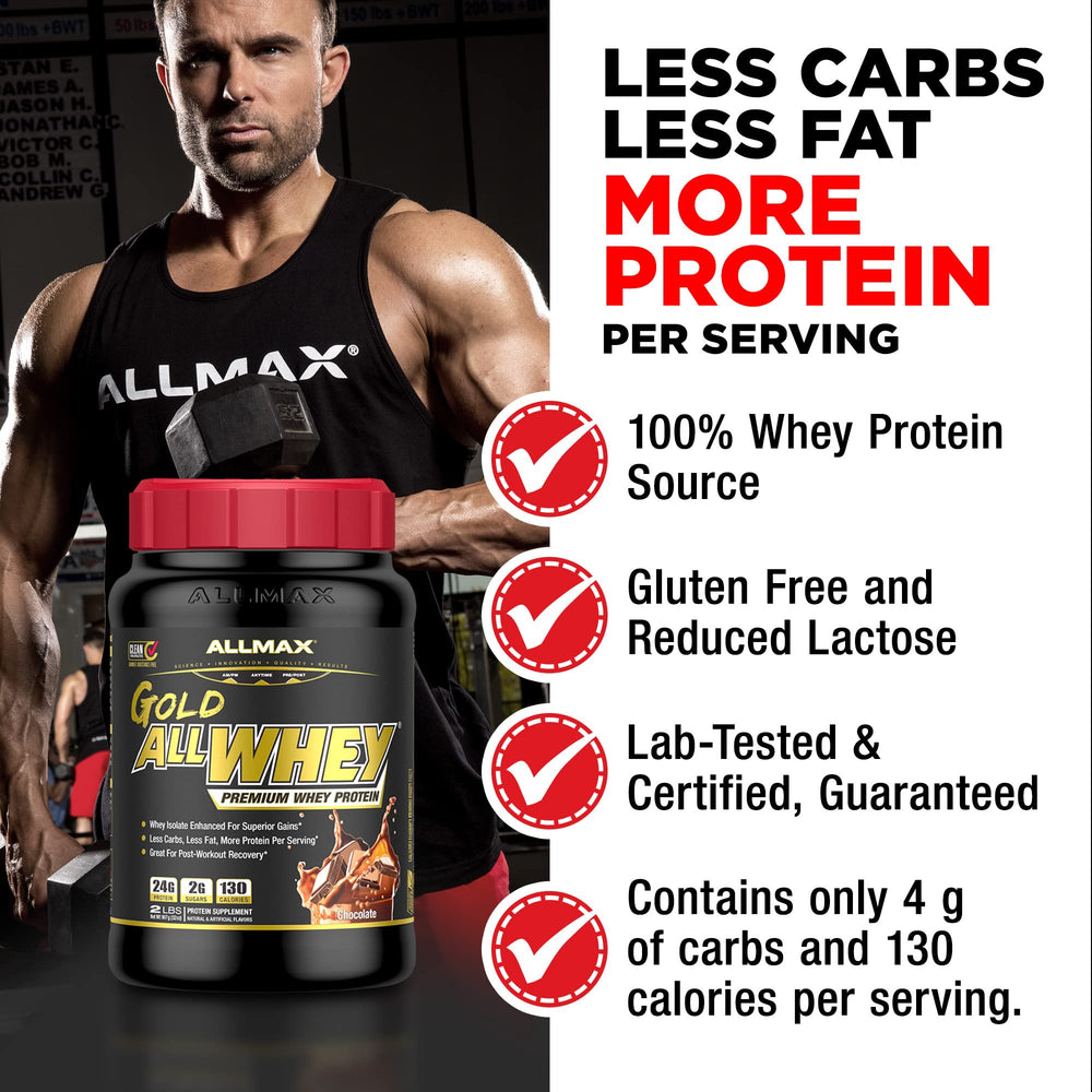 Scoop of ALLMAX Gold ALLWHEY powder ready to blend into shakes