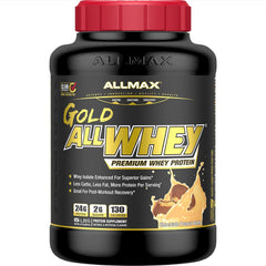 ALLMAX Gold ALLWHEY Chocolate Peanut Butter tub highlights premium protein for post-workout recovery