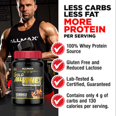 ALLMAX Gold ALLWHEY chocolate powder-dispense close-up, smooth mixability for quick shakes.