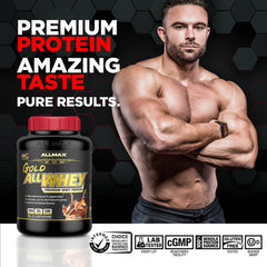 ALLMAX Gold ALLWHEY chocolate scoop measuring for accurate servings.