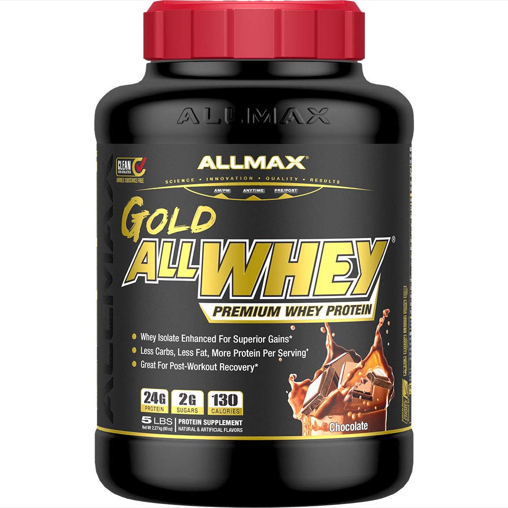 ALLMAX Gold ALLWHEY chocolate powder in tin with label visible; high-protein formula