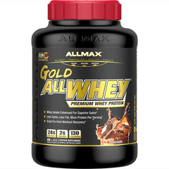 ALLMAX Gold ALLWHEY chocolate powder in tin with label visible; high-protein formula