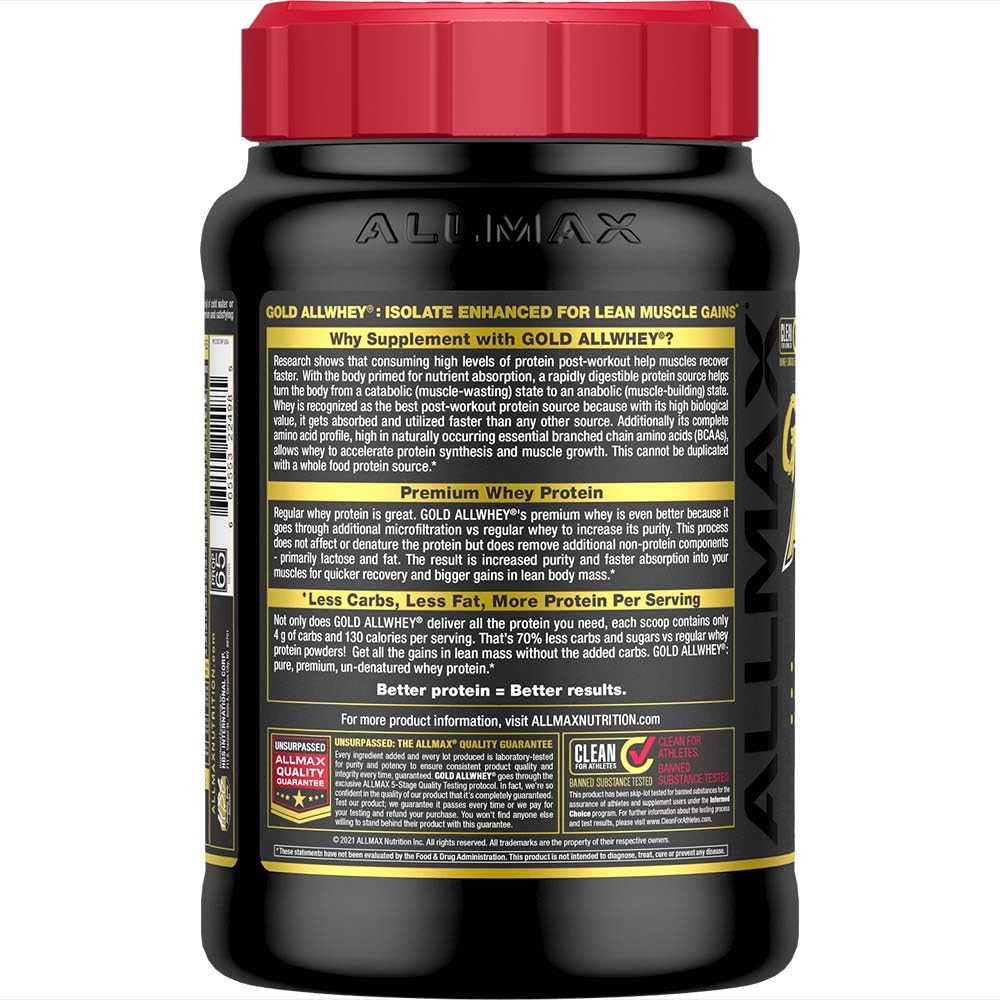 2 lb ALLWHEY tub back panel shows protein per serving and macros
