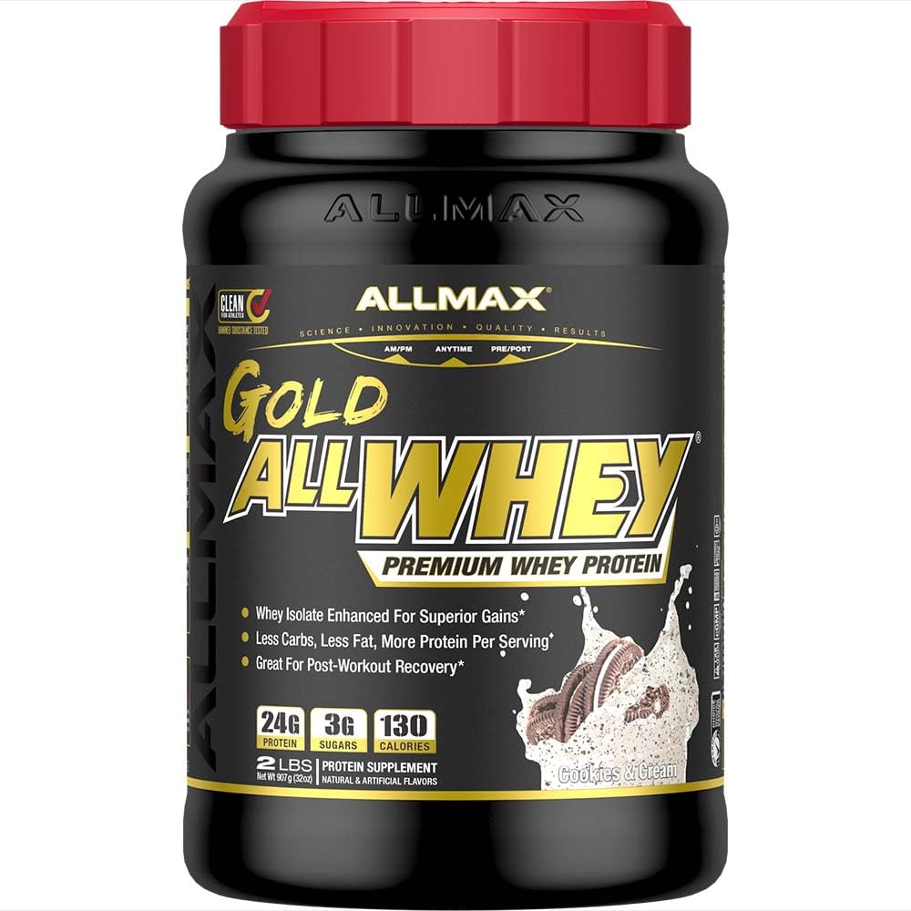 ALLMAX Gold ALLWHEY Cookies and Cream tub front for protein fueling