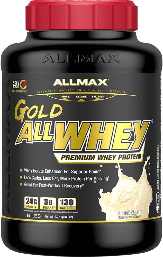 ALLMAX Gold AllWhey French Vanilla blender bottle ready to mix
