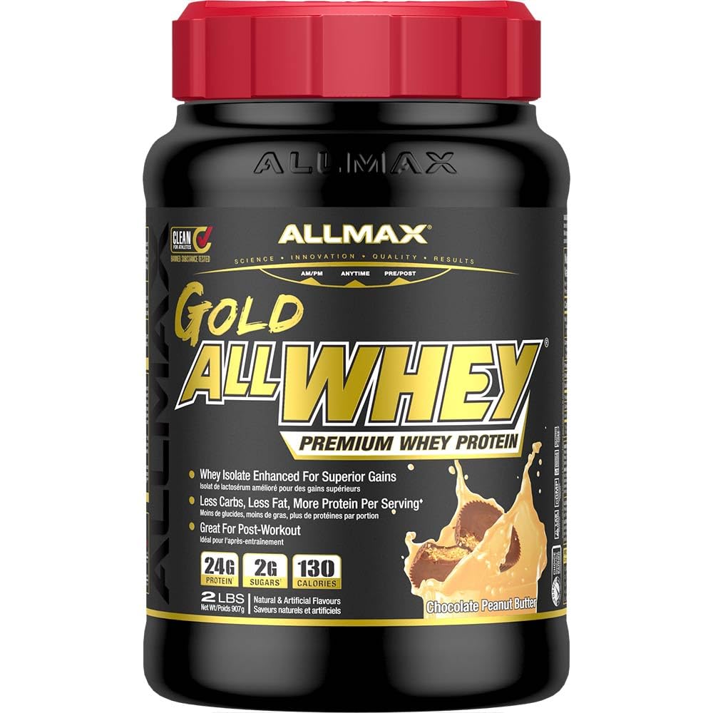 ALLMAX Gold ALLWHEY Peanut Butter front packaging, premium protein for post-workout support.