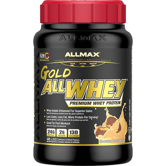 ALLMAX Gold ALLWHEY Peanut Butter front packaging, premium protein for post-workout support.