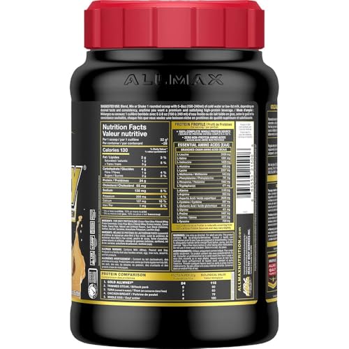 ALLMAX Gold ALLWHEY scoop showing 24g protein per serving for quick fueling.