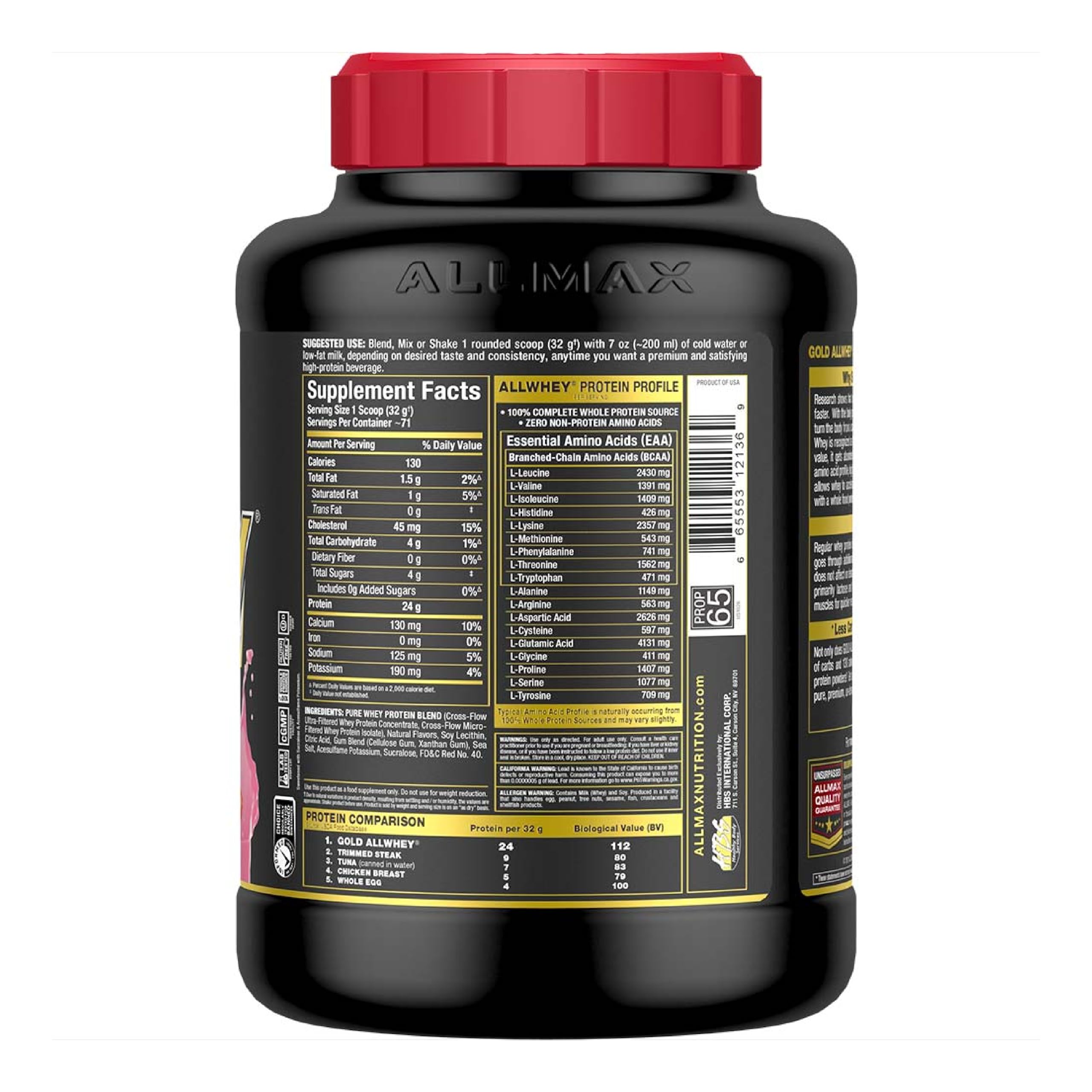 Allmax Gold ALLWHEY strawberry scoop pouring demonstrates quick mixability for busy days