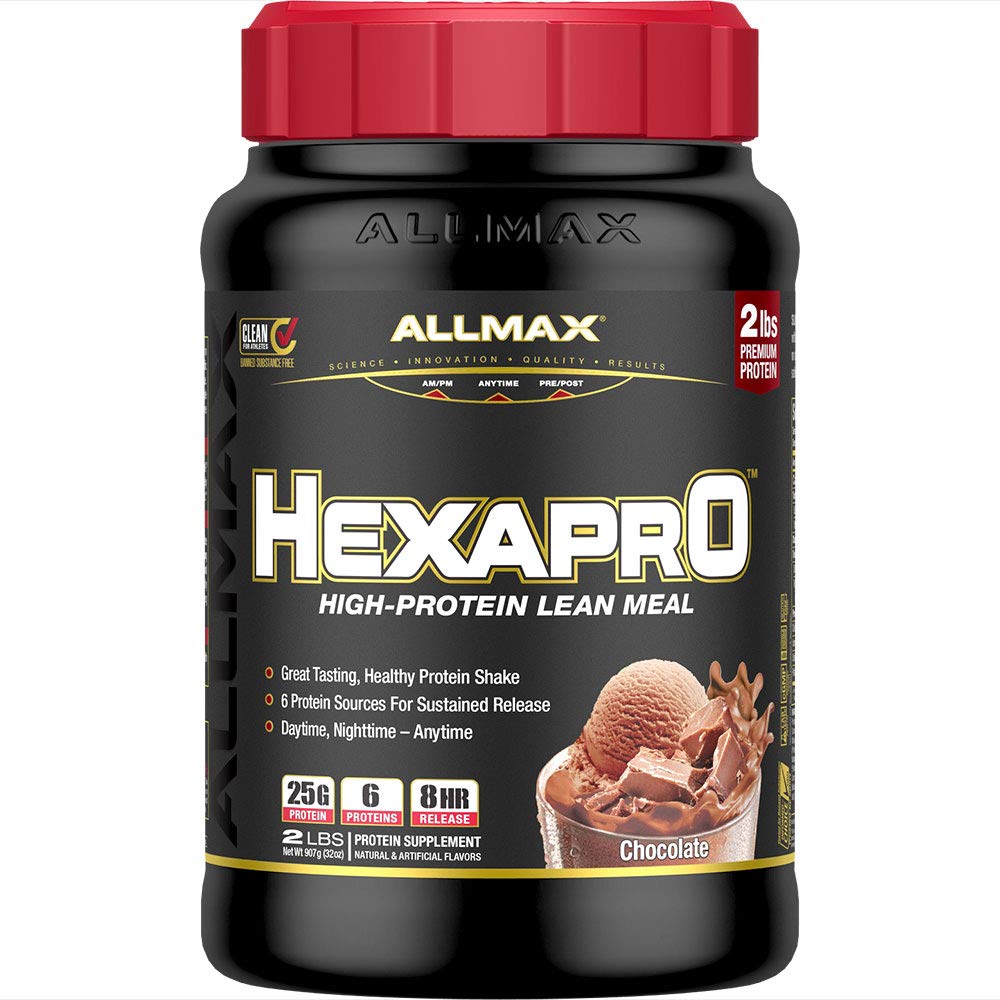 AllMAX HEXAPRO Chocolate 2 lb packaging for convenient stock and quick protein.
