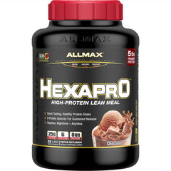 ALLMAX HEXAPRO Chocolate 5lb container shows 25 g protein per serving.