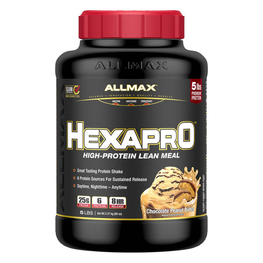 ALLMAX HEXAPRO Chocolate Peanut Butter bottle front highlighting premium protein blend for daily fueling