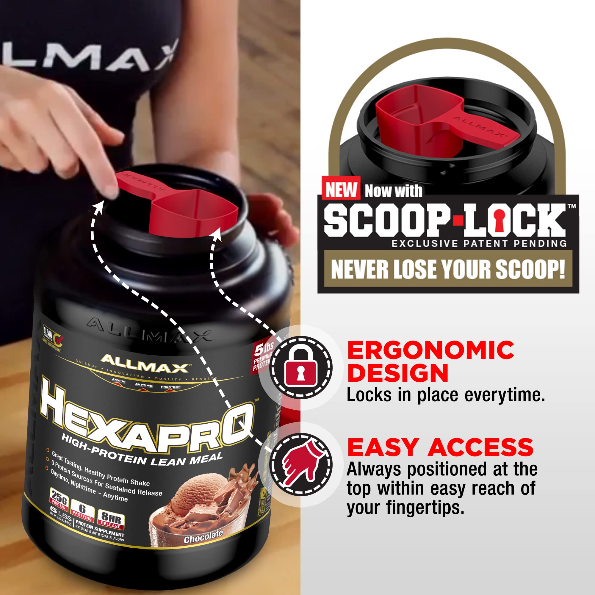 ALLMAX HEXAPRO shake glass with creamy chocolate peanut butter texture for a tasty boost