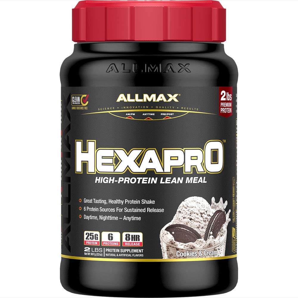ALLMAX HEXAPRO Cookies & Cream bottle front shows zero sugar claim for quick protein snacking