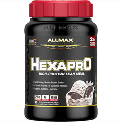 ALLMAX HEXAPRO Cookies & Cream bottle front shows zero sugar claim for quick protein snacking