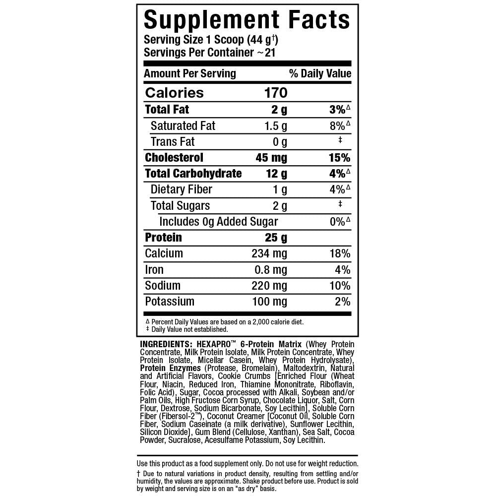 ALLMAX HEXAPRO Cookies & Cream container close-up with 21 servings detail