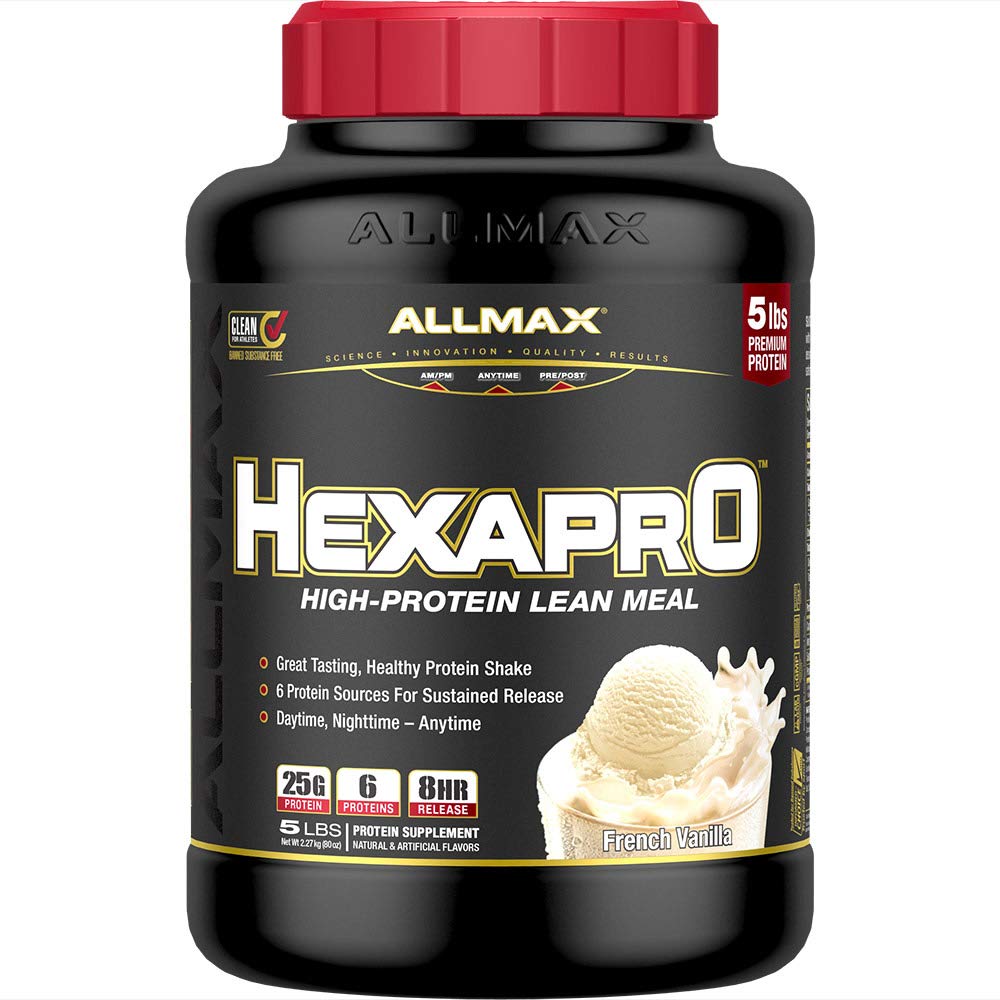 ALLMAX HEXAPRO French Vanilla bottle highlights a premium protein blend for steady recovery.