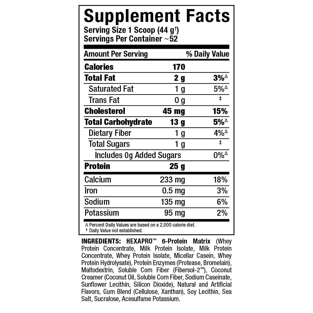 ALLMAX HEXAPRO French Vanilla nutrition label emphasizes high protein and zero sugar per serving.