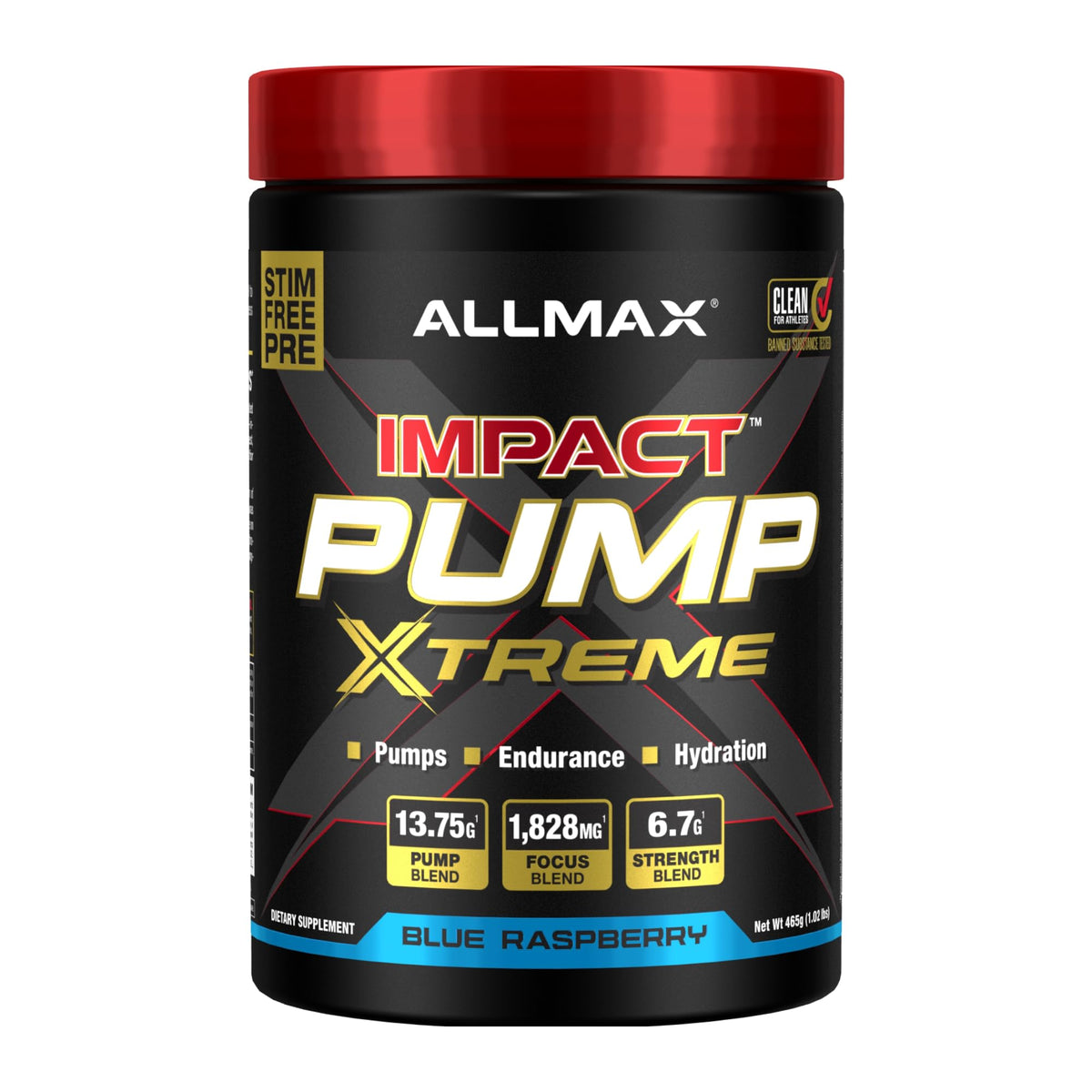 ALLMAX Impact Pump Xtreme blue raspberry bottle ready for pre-workout hydration