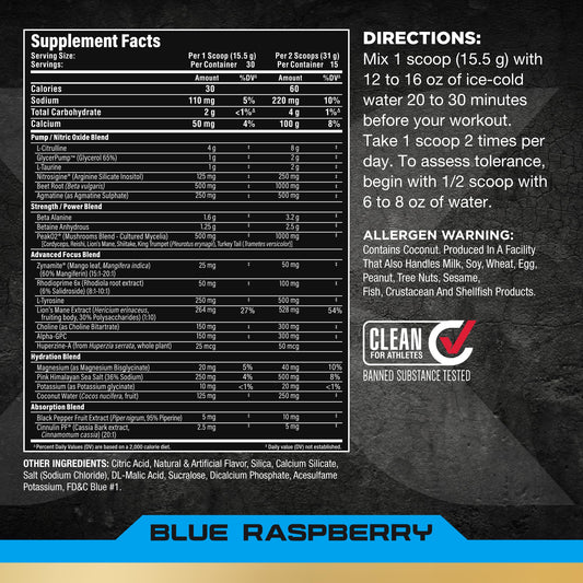 ALLMAX Impact Pump Xtreme blue raspberry label highlighting serving size and ingredients