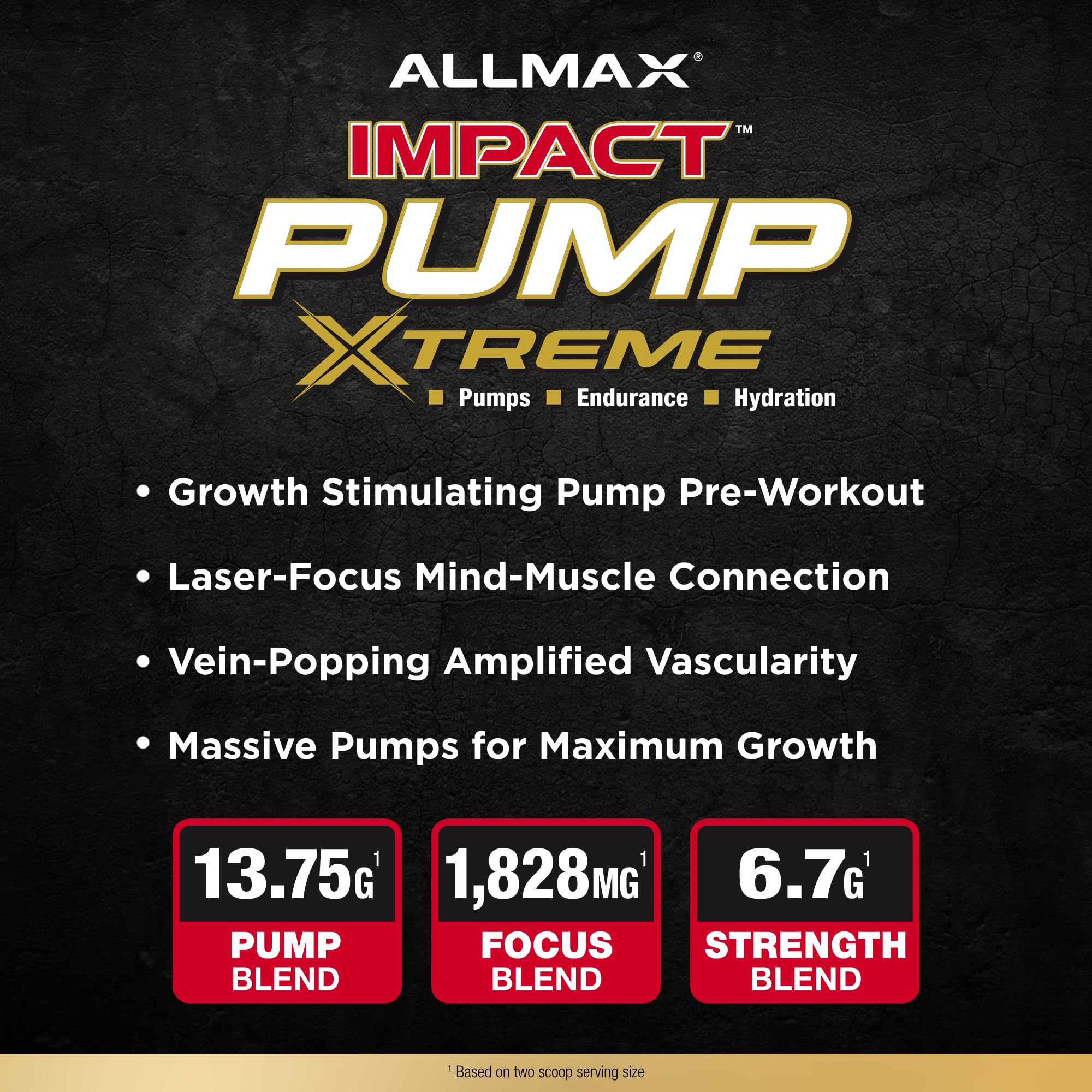 ALLMAX Impact Pump Xtreme blue raspberry scoop emphasizing easy measurement for workouts