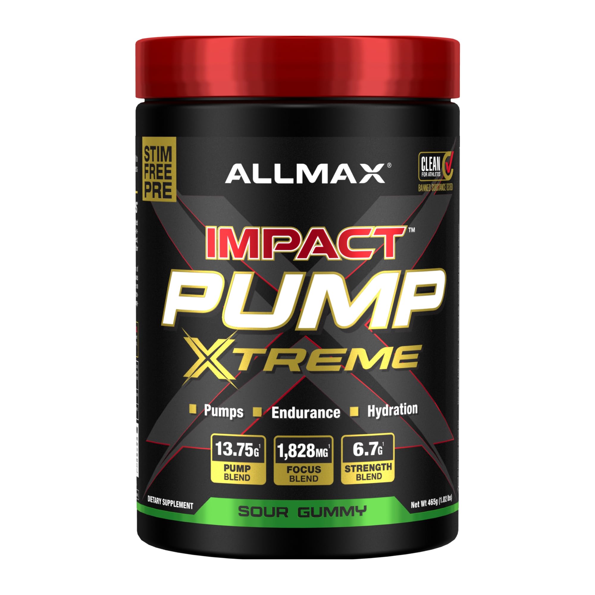 ALLMAX Impact Pump Xtreme bottle with Sour Gummy flavor for pre-workout energy