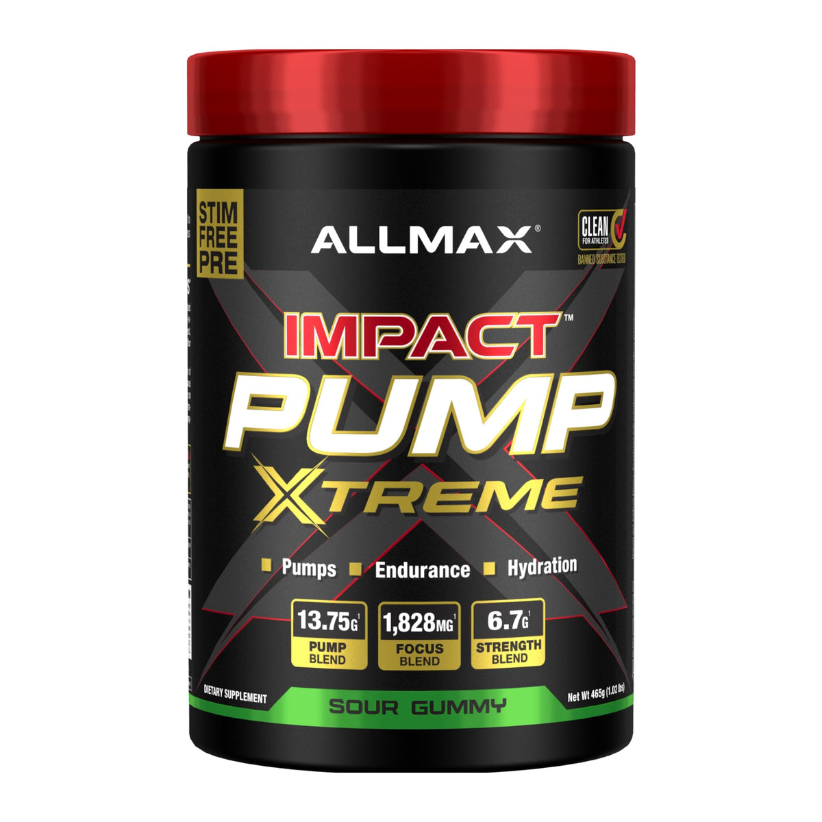 ALLMAX Impact Pump Xtreme bottle with Sour Gummy flavor for pre-workout energy
