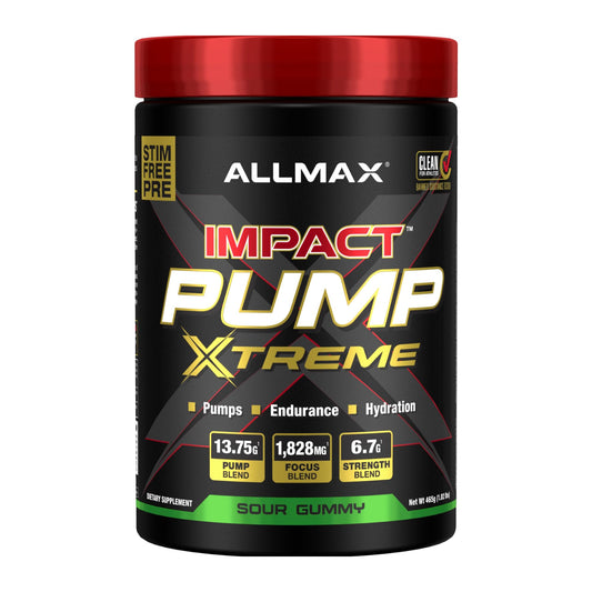 ALLMAX Impact Pump Xtreme bottle with Sour Gummy flavor for pre-workout energy
