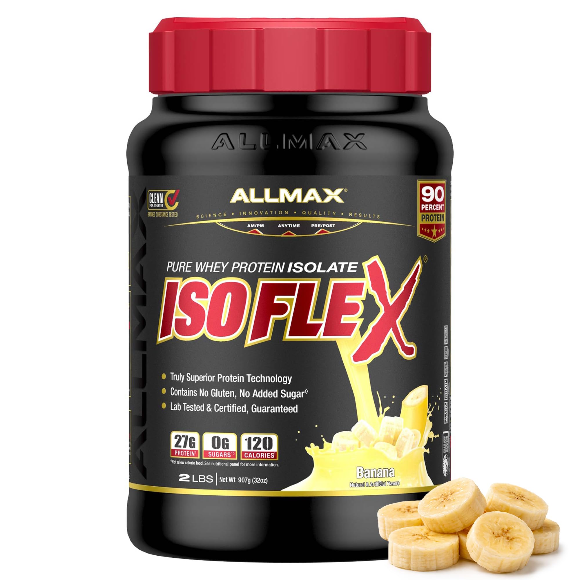 ALLMAX ISOFLEX banana flavor tub with 27g protein per serving
